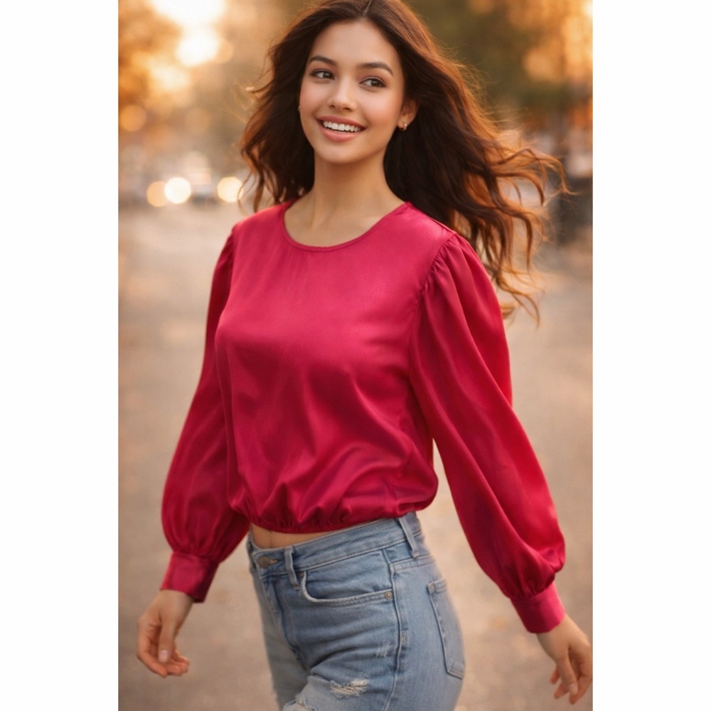 PrettyGarden Pink‎ Long Sleeve Crop Blouse Size M Elastic Hem NWOT